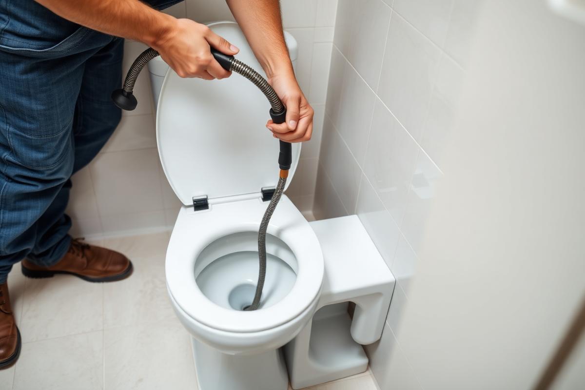Instalator desfundând un vas de toaletă